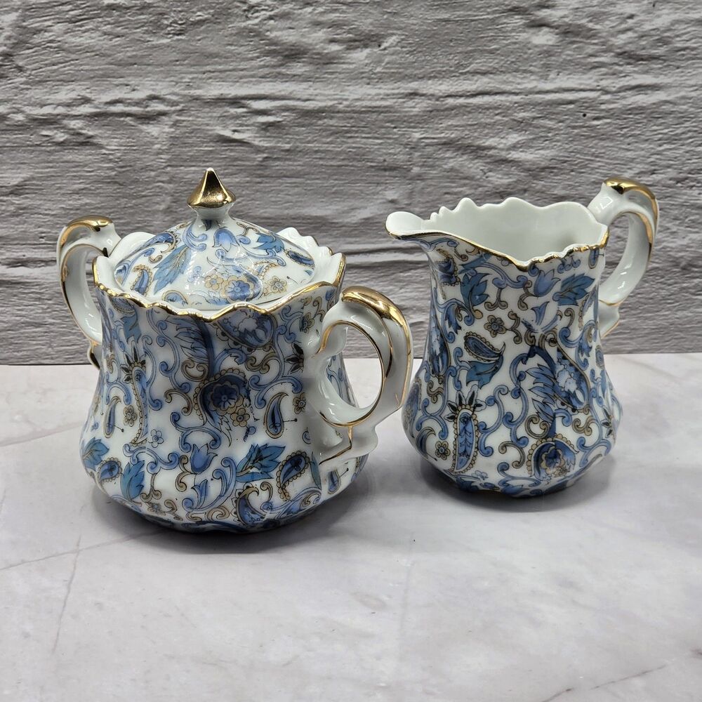 Vtg Lefton China Blue Paisley Sugar Bowl & Creamer Set Japan